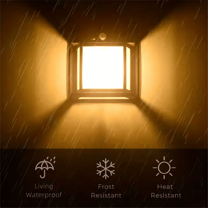 Lampa solara de perete LED, tip Felinar, Pentru Exterior, senzor de miscare 5-8 metri, Fara Fir, 2 moduri de functionare, Panou solar incorporat, rezistenta la apa
