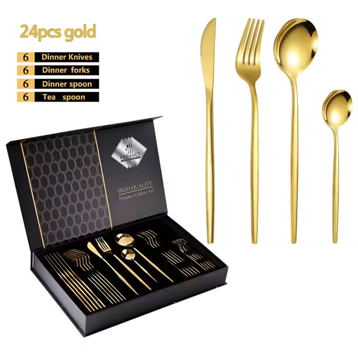 Set 24 tacamuri moderne, Inox, Rezistent la caldura/rugina, Auriu