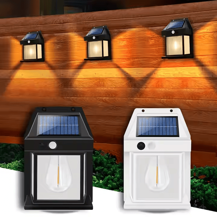 Lampa solara de perete LED, tip Felinar, Pentru Exterior, senzor de miscare 5-8 metri, Fara Fir, 2 moduri de functionare, Panou solar incorporat, rezistenta la apa