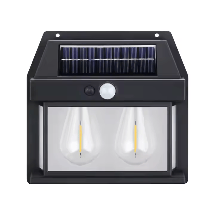 Lampa solara de perete LED, tip Felinar, Pentru Exterior, senzor de miscare 5-8 metri, Fara Fir, 2 moduri de functionare, Panou solar incorporat, rezistenta la apa