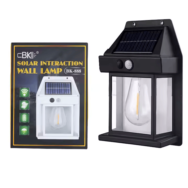 Lampa solara de perete LED, tip Felinar, Pentru Exterior, senzor de miscare 5-8 metri, Fara Fir, 2 moduri de functionare, Panou solar incorporat, rezistenta la apa