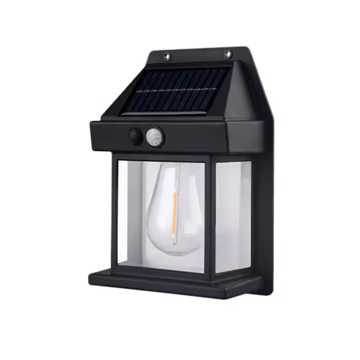 Lampa solara de perete LED, tip Felinar, Pentru Exterior, senzor de miscare 5-8 metri, Fara Fir, 2 moduri de functionare, Panou solar incorporat, rezistenta la apa