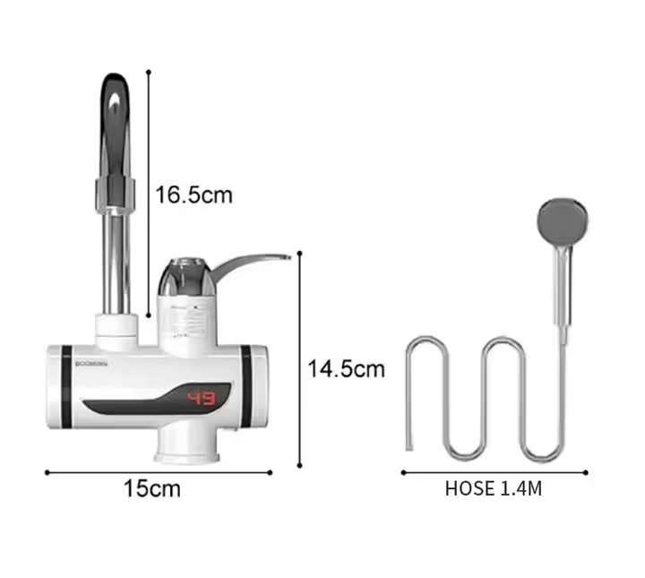 Robinet Electric Cu Dus Pentru Incalzit Apa, Debit 1.5-2 L /min, Afisaj LCD, Temperatura Reglabila, Incalzire Instanta, Prindere pe Blat, Putere 3000 W, Alb + Prelungitor pentru orice robinet Turbo Flex, 15 cm