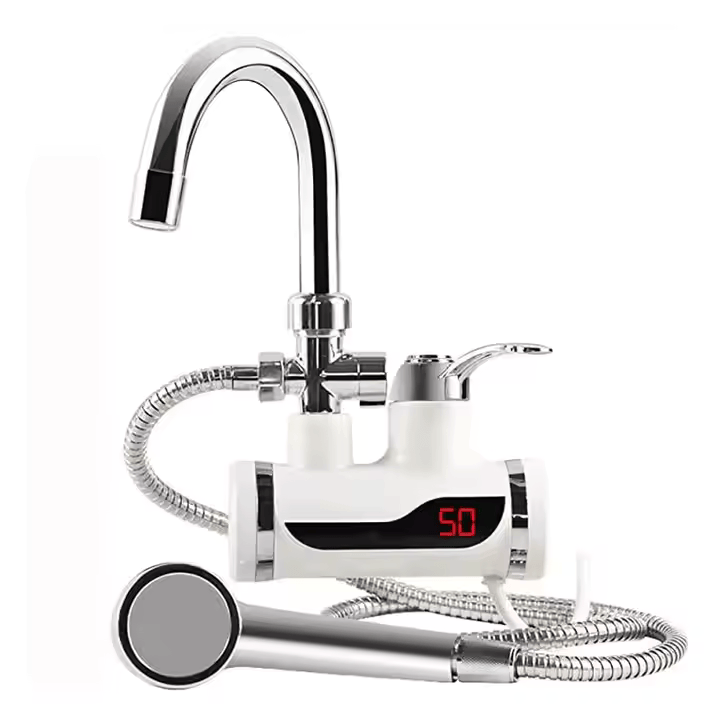 Robinet Electric Cu Dus Pentru Incalzit Apa, Debit 1.5-2 L /min, Afisaj LCD, Temperatura Reglabila, Incalzire Instanta, Prindere pe Blat, Putere 3000 W, Alb + Prelungitor pentru orice robinet Turbo Flex, 15 cm