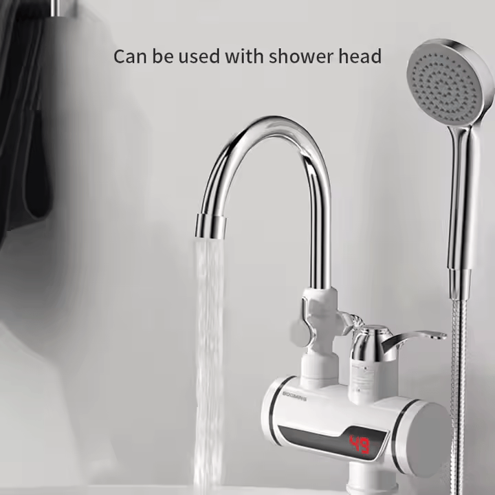 Robinet Electric Cu Dus Pentru Incalzit Apa, Debit 1.5-2 L /min, Afisaj LCD, Temperatura Reglabila, Incalzire Instanta, Prindere pe Blat, Putere 3000 W, Alb + Prelungitor pentru orice robinet Turbo Flex, 15 cm