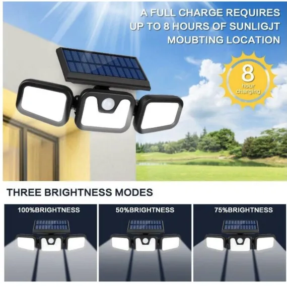 Lumină solară super luminoasă cu 122 LED-uri Senzor de mișcare cu 3 capete