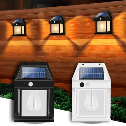 Lampa solara de perete LED, tip Felinar, Pentru Exterior, senzor de miscare 5-8 metri, Fara Fir, 2 moduri de functionare, Panou solar incorporat, rezistenta la apa