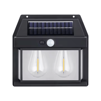 Lampa solara de perete LED, tip Felinar, Pentru Exterior, senzor de miscare 5-8 metri, Fara Fir, 2 moduri de functionare, Panou solar incorporat, rezistenta la apa
