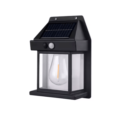 Lampa solara de perete LED, tip Felinar, Pentru Exterior, senzor de miscare 5-8 metri, Fara Fir, 2 moduri de functionare, Panou solar incorporat, rezistenta la apa
