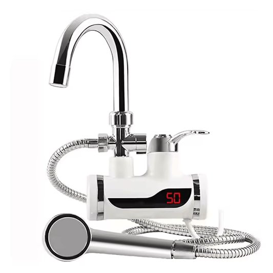 Robinet Electric Cu Dus Pentru Incalzit Apa, Debit 1.5-2 L /min, Afisaj LCD, Temperatura Reglabila, Incalzire Instanta, Prindere pe Blat, Putere 3000 W, Alb + Prelungitor pentru orice robinet Turbo Flex, 15 cm
